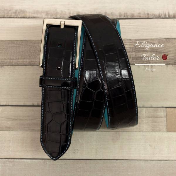 Ceinture des Hamptons croco peint noir et turquoise  de chez Élégance Tailor Toulon