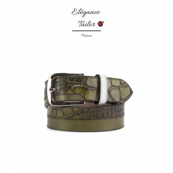 Ceinture marseillaise veau box blanc + veau peint olive + croco peint olive de chez Élégance Tailor Toulon