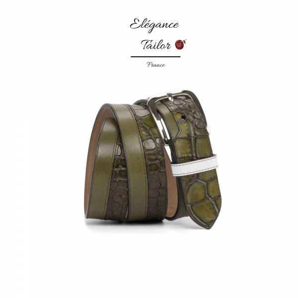 Ceinture marseillaise veau box blanc + veau peint olive + croco peint olive