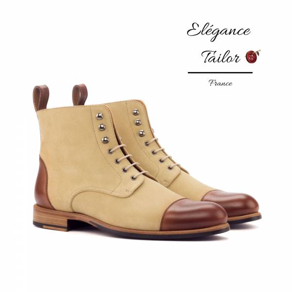 Botte à lacets pour femmes suède lux sable et veau marron moyen de chez Elegance Tailor Toulon
