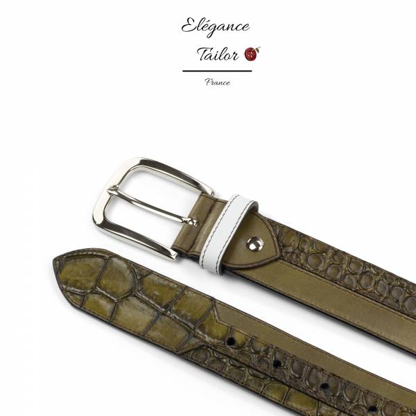 Ceinture marseillaise veau box blanc + veau peint olive + croco peint olive de chez Élégance Tailor Toulon