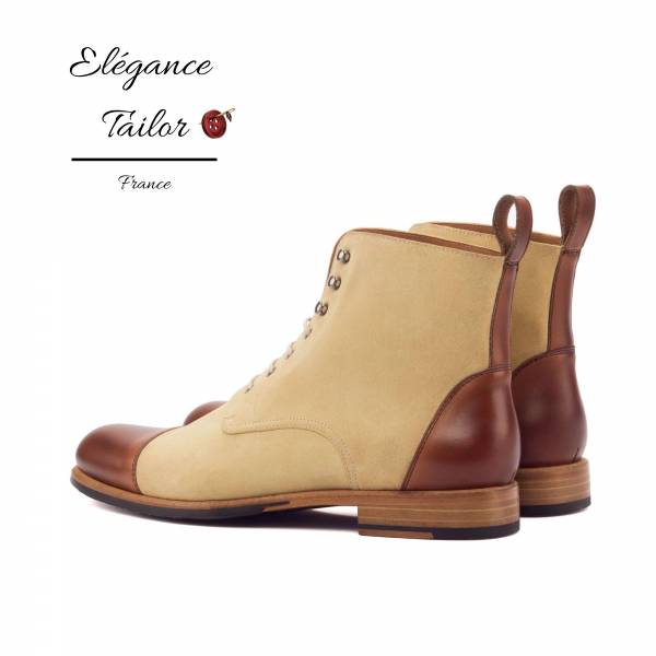 Botte à lacets pour femmes suède lux sable et veau marron moyen de chez Elegance Tailor Toulon