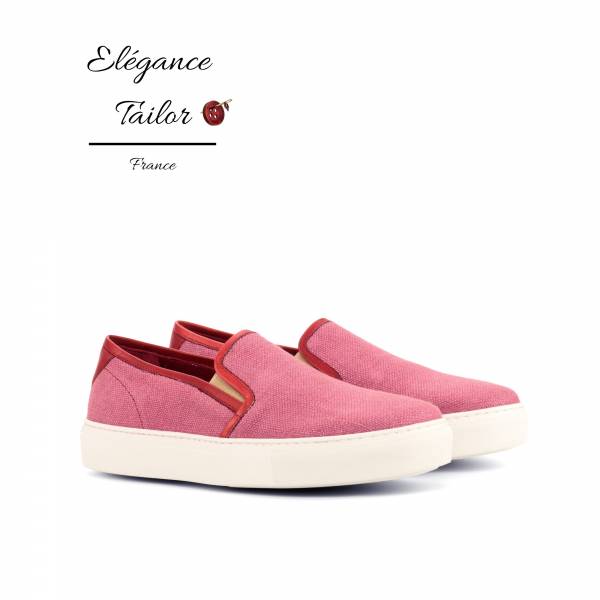 Chaussures à enfiler pour femmes lin prune + veau peint rouge de chez Elegance Tailor Toulon