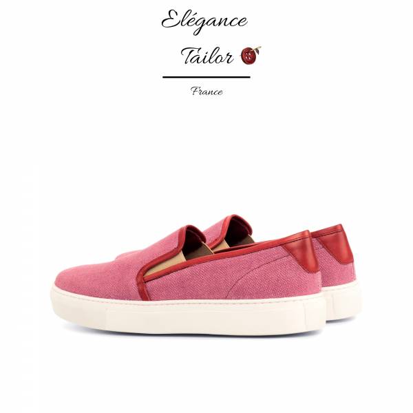 Chaussures à enfiler pour femmes lin prune + veau peint rouge de chez Elegance Tailor Toulon