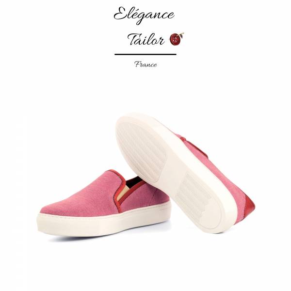 Chaussures à enfiler pour femmes lin prune + veau peint rouge de chez Elegance Tailor Toulon