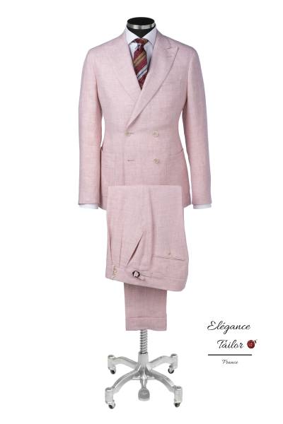 Costume homme rose 2 pièces croisé en lin tissu Drago de chez Elegance Tailor Toulon