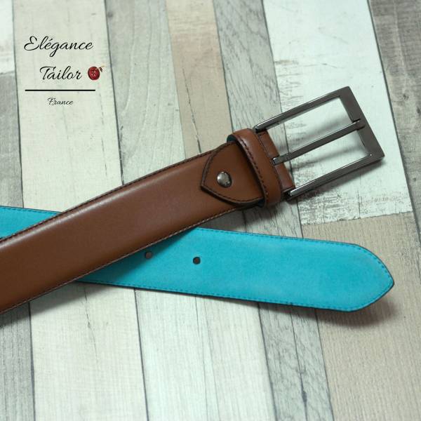 Ceinture des Hamptons cognac et turquoise face de chez Élégance Tailor Toulon