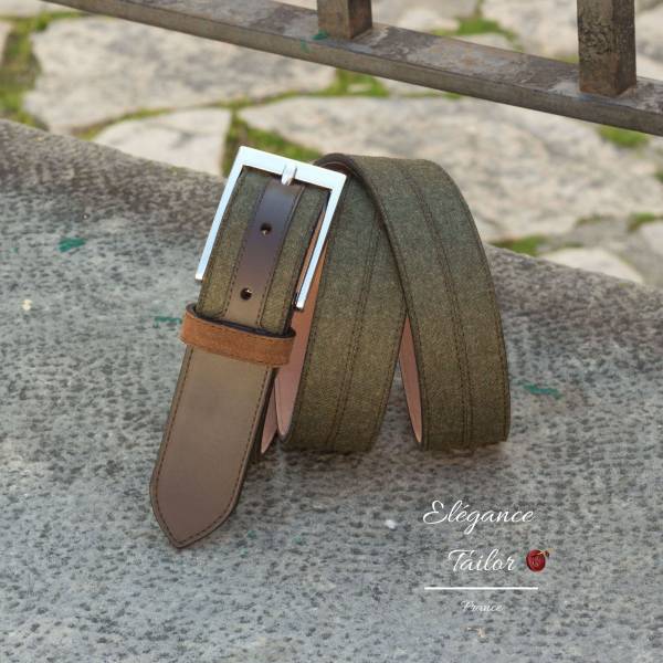 Ceinture marseillaise vert flanelle + veau box marron foncé  face de chez Élégance Tailor Toulon